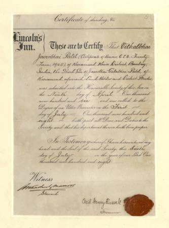 Vallabhai Patel  Certificate